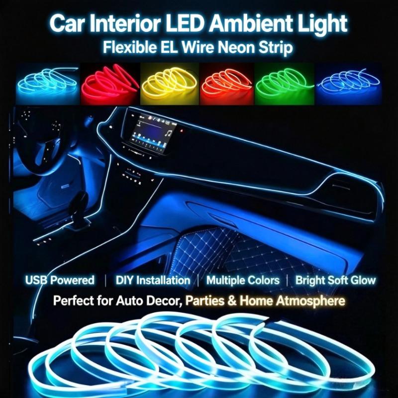 3M/5M USB EL Wire Neon Light Strip, Flexible Car Interior LED Ambient Lighting, DIY Auto Atmosphere Decorative Light for Vehicle, Party Decoration