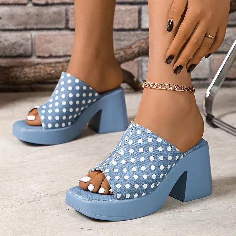Fashion Women High Heel Sandals 2025Design Blue Slippers Women New Square Toe Thick Bottom Sandal Woman Summer Comfort Thick Sole Slides
