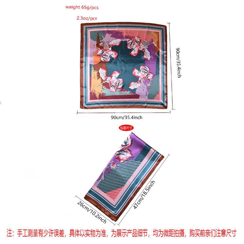 New Women's 91CM Satin Plaid Flower Printing Square Scarf with Sunscreen Bag Head Silk Scarf Wholesale
