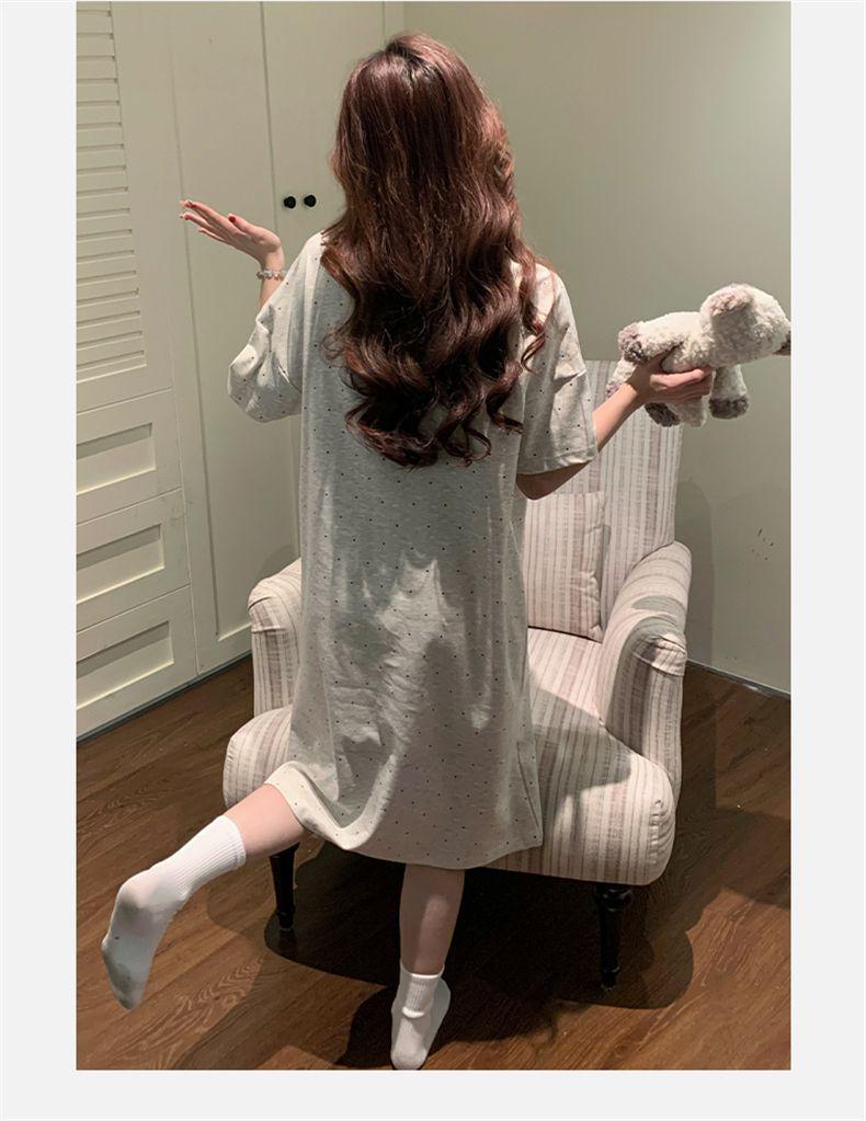 2026 Women's Grey Cartoon Summer Nightgown with Built-in Bra, Round Neck, Short Sleeve, Anti-Nipple, Thin Style for Outerwear and Home Wear.