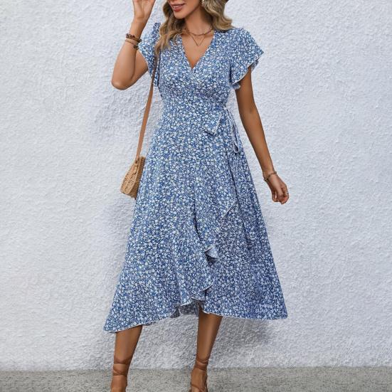 Summer Floral Maxi Dress for Women V Neck Short Sleeve Ruffle Hem Wrap Dress Boho Casual Split Flowy Beach Long Dress