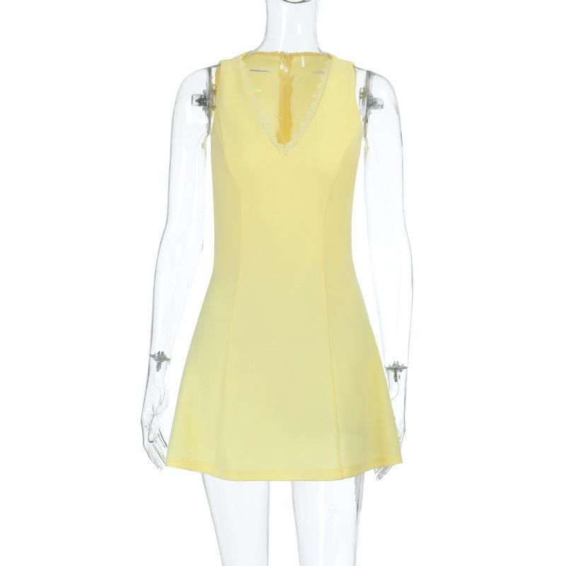 2026 new V-neck lace splicing A swing skirt, summer new fresh and sweet skirt S жёлтый