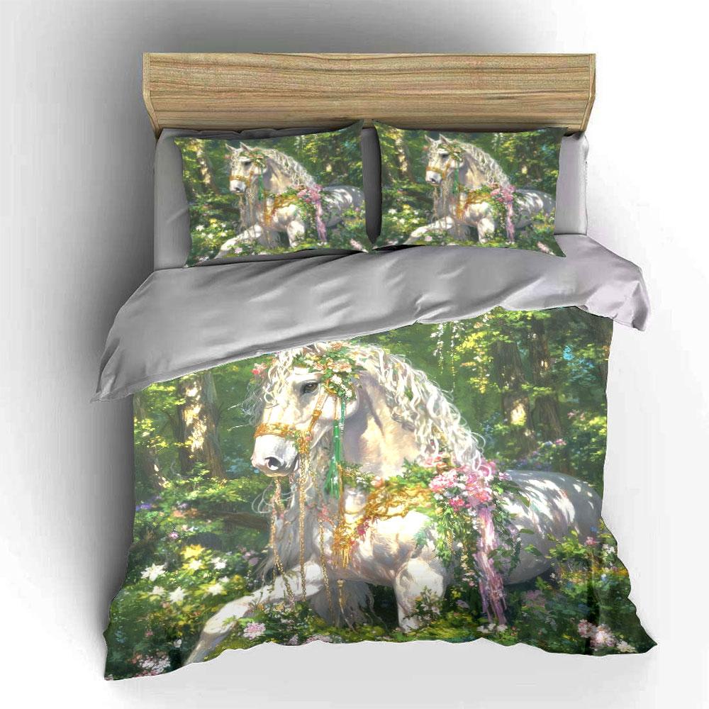 Floral Horse Decor Set Bedding Set With 1 Duvet Cover 2 Pillowcases Single Double King Queen, Gift