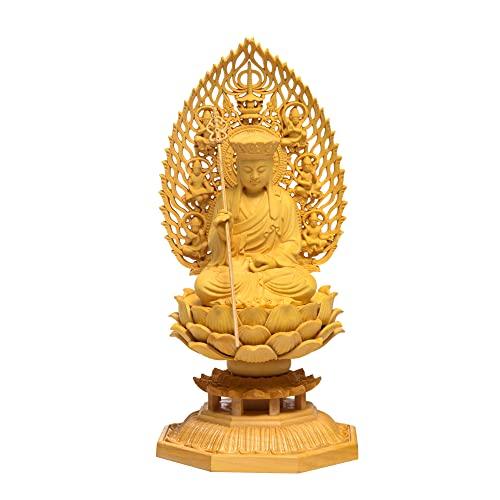 Hanro Art Carving Buddhist Statue, Jizo Bodhisattva, Buddhist Altar Statue, Wood Carving, Boxwood Ornament, Flying Celestial Being Halo, Octagonal Ped