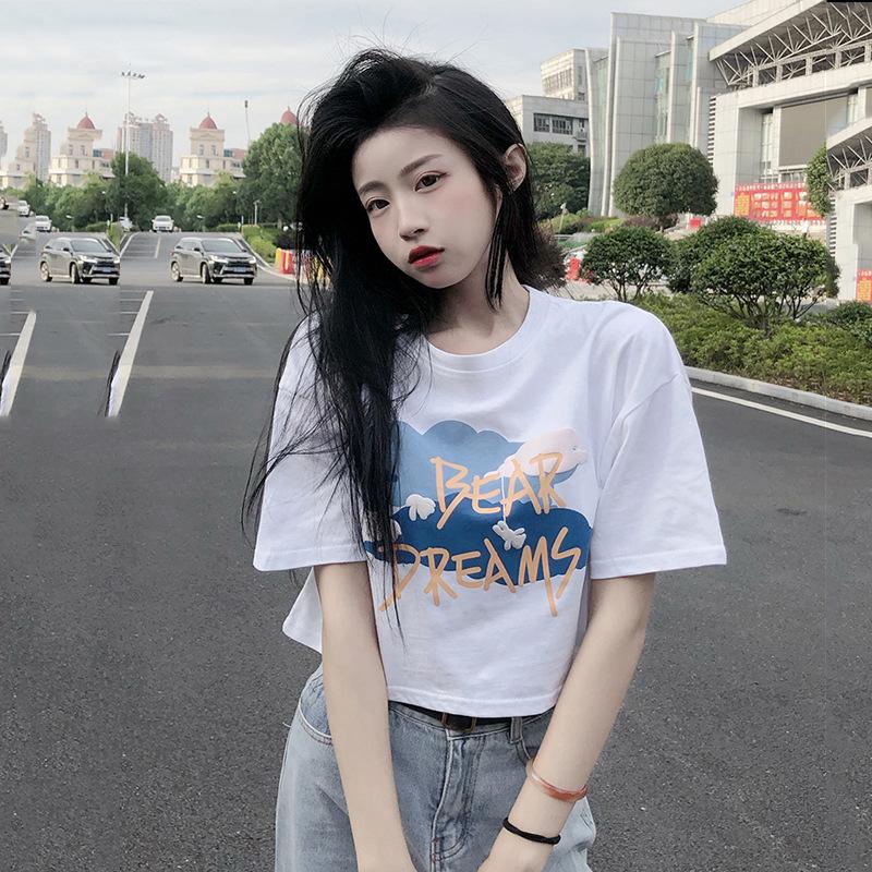 Weißes, lockeres T-Shirt für Damen im Sommer, neues, koreanisches Design mit bedrucktem Schaum, hohe Taille, kurzes Kurzarm-Oberteil