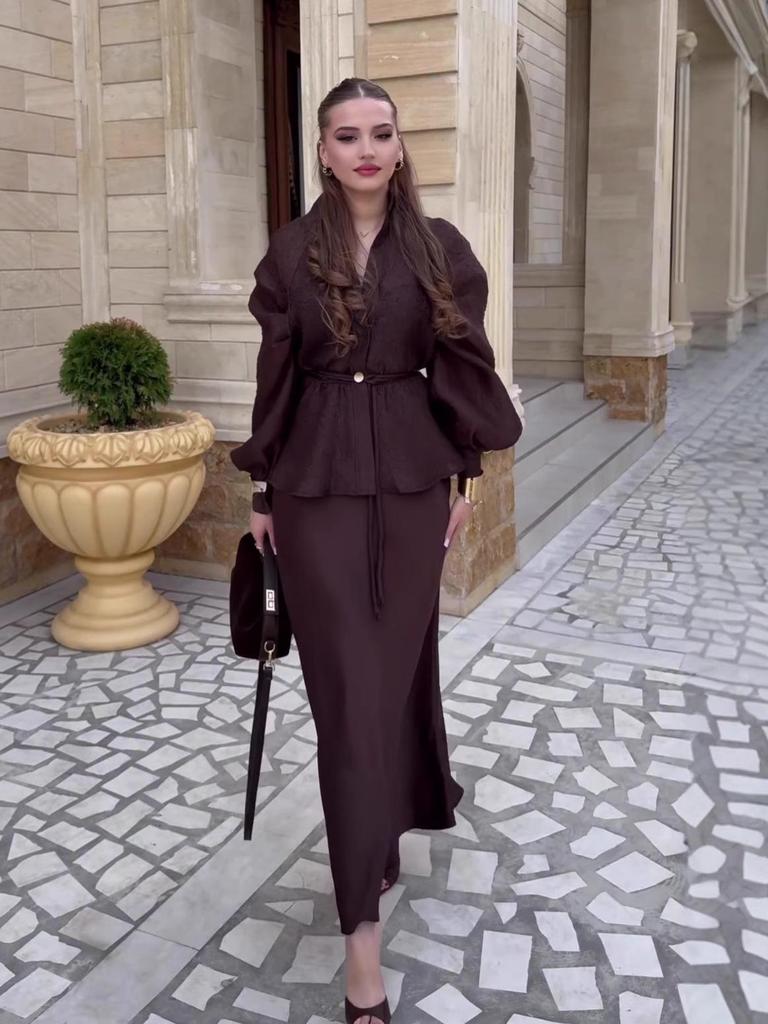 2025 Autumn: Women's V-Neck Long-Sleeve Cardigan & High-Waisted Skirt Set