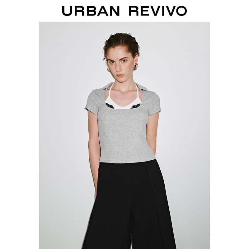 UR Women's Contrast Lace Faux Two-Piece Slim Short T-Shirt