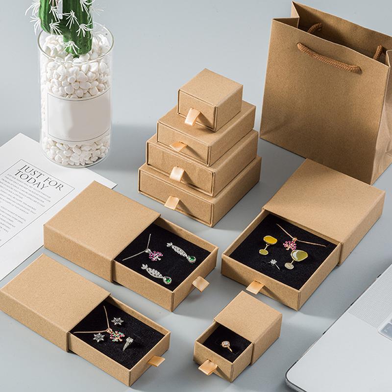 1pcs Kraft Paper Drawer Travel Jewelry Packaging Box Necklace Bracelet Earrings Gift Organizer Case Box