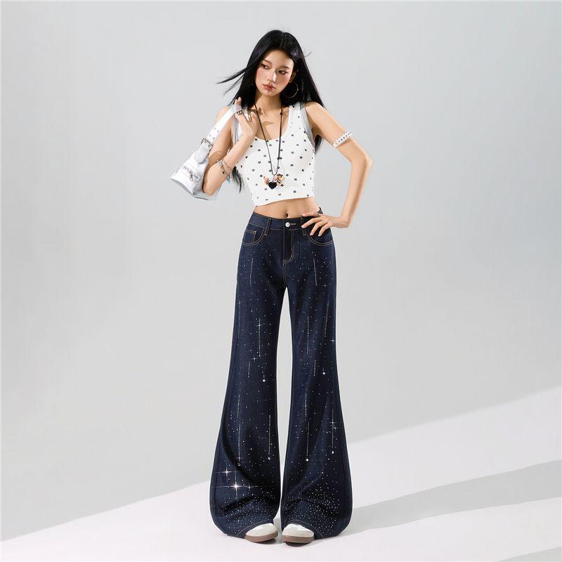 Spring Summer Meteor Full Rhinestone Wrinkle Resistant Four Way Stretch Drape Micro Flare Denim Pants For Women Casual Pants Oversize Denim Trousers