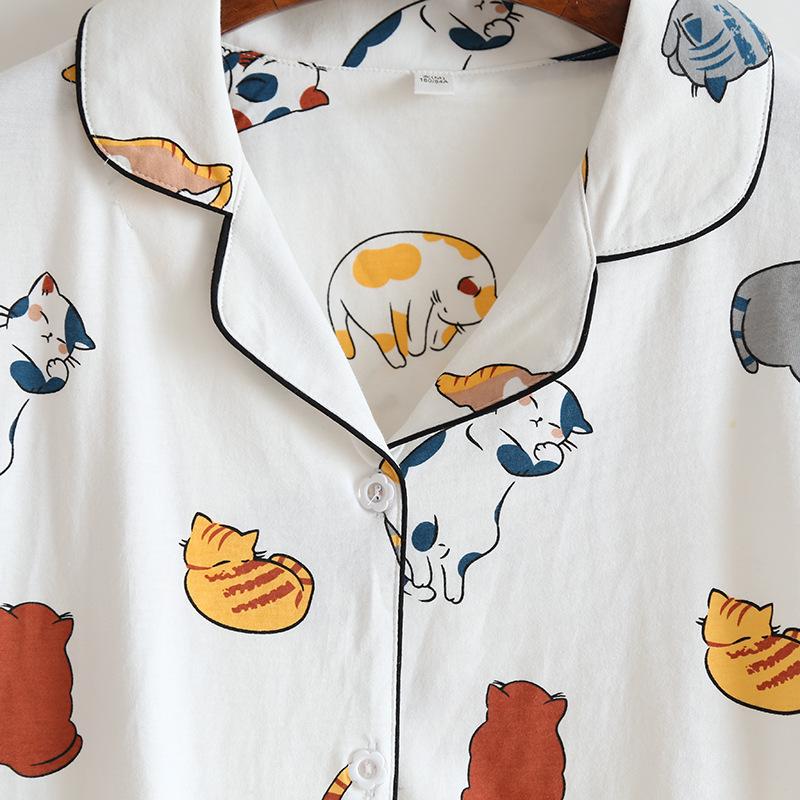 Summer Women’s Cute Japanese Cat Pajamas - Short Sleeve Cotton Cardigan & Shorts Set