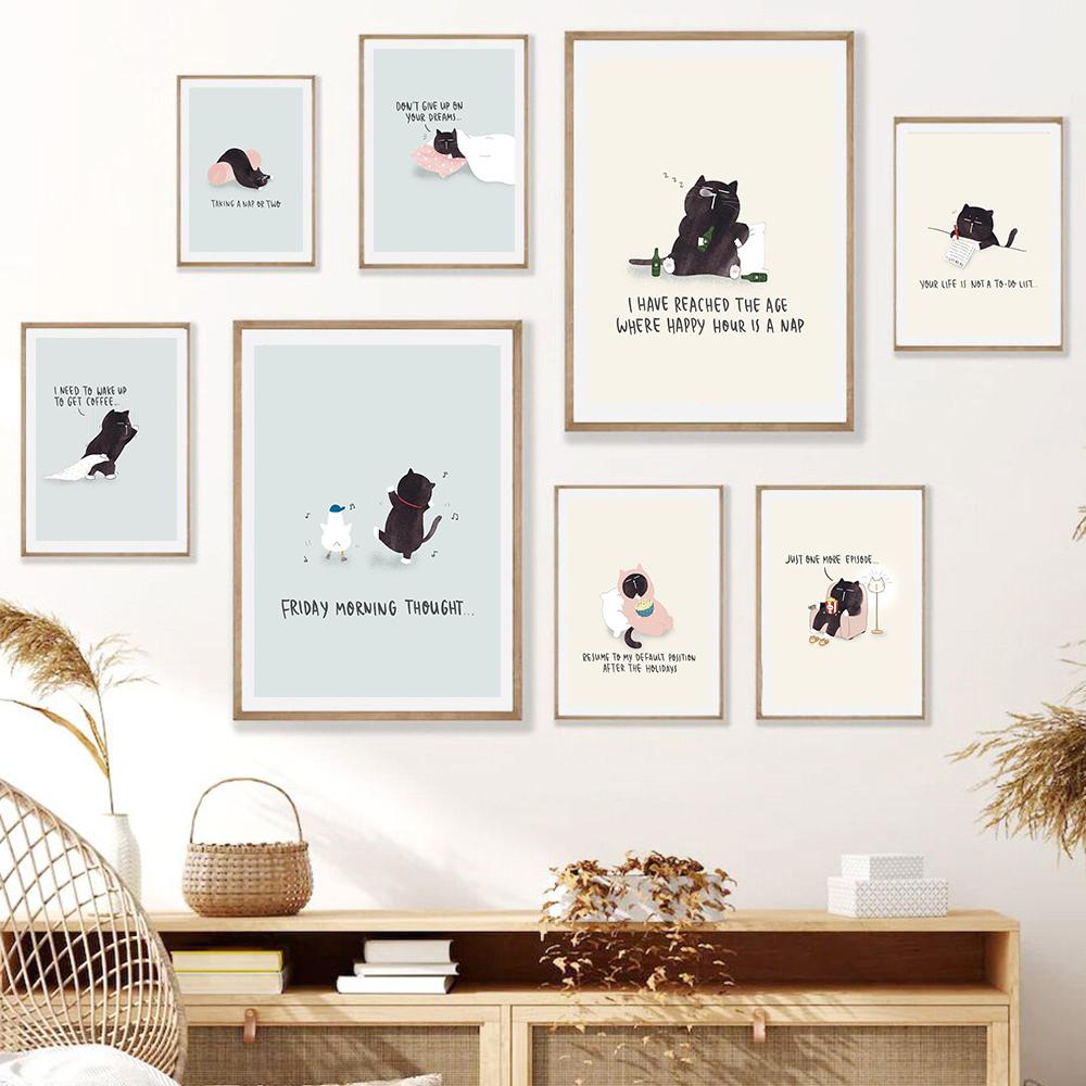 Funny Cute Black Cat Eat Foods Poster Nordic Wall Art Canvas Painting Prints Cartoon Animal Pictures For Living Room Home Decor No Frame