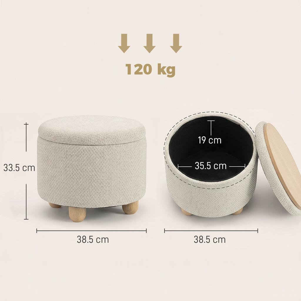 Storage Sitting Bench with Lid, Round Storage Ottoman with Rubberwood Legs, Beige