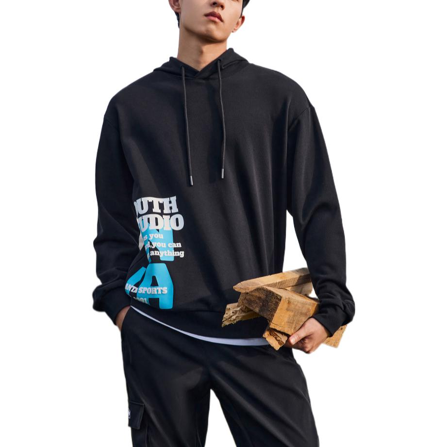 Anta Lifestyle Series Solid Color Letter Print Hooded Pullover Long Sleeve Sweatshirt Unisex sweatshirt Black 952238703-3