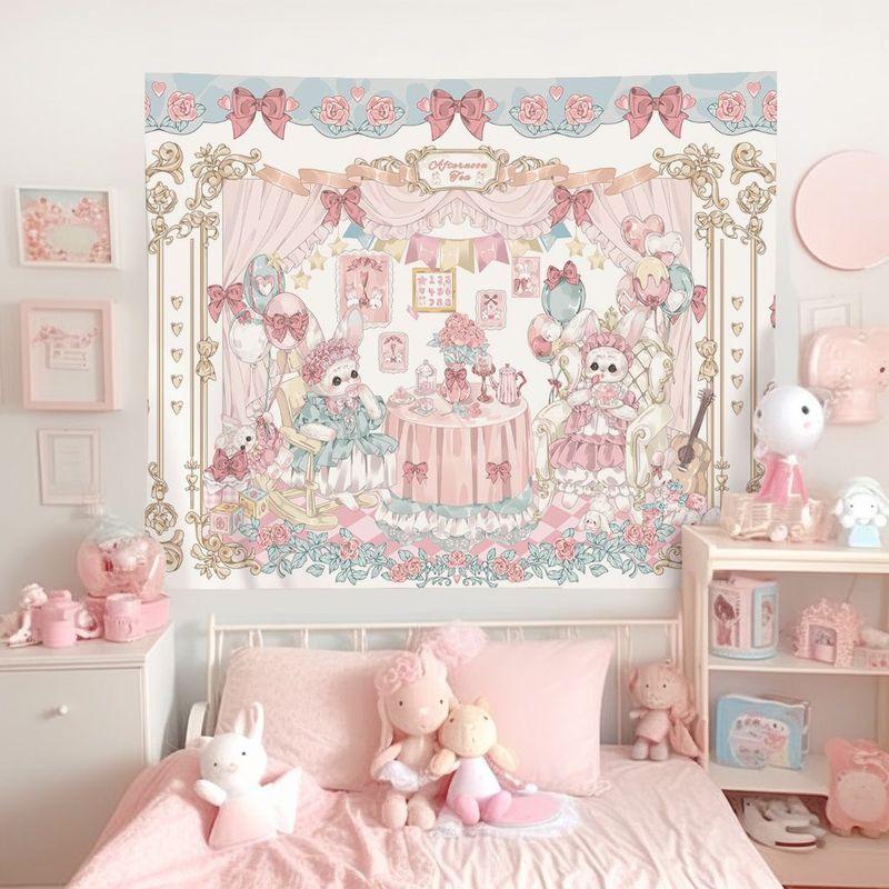 Pink Lace Princess Bed Cat Rabbit Tapestry Wall Hanging Home Decor for Bedroom Living Room Dorm Lolita Dreamy Buns