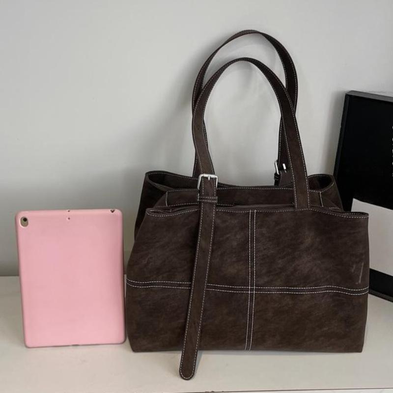 Vintage Suede Tote Bag for Women Large Capacity Casual Shoulder Bag Retro Cross Quilting Soft Hobo Handbag for Daily Commute Work Shopping Travel