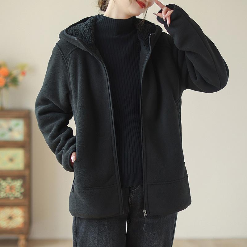 

Куртка осень и зима новая теплая свободная большого размера из овечьей шерсти с капюшоном свитер женский M чёрный