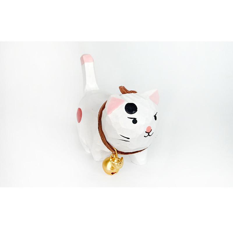 Wooden Handcrafted Carved Cat Figurine Cute Bell Desk Decor For Gifts And Home Office