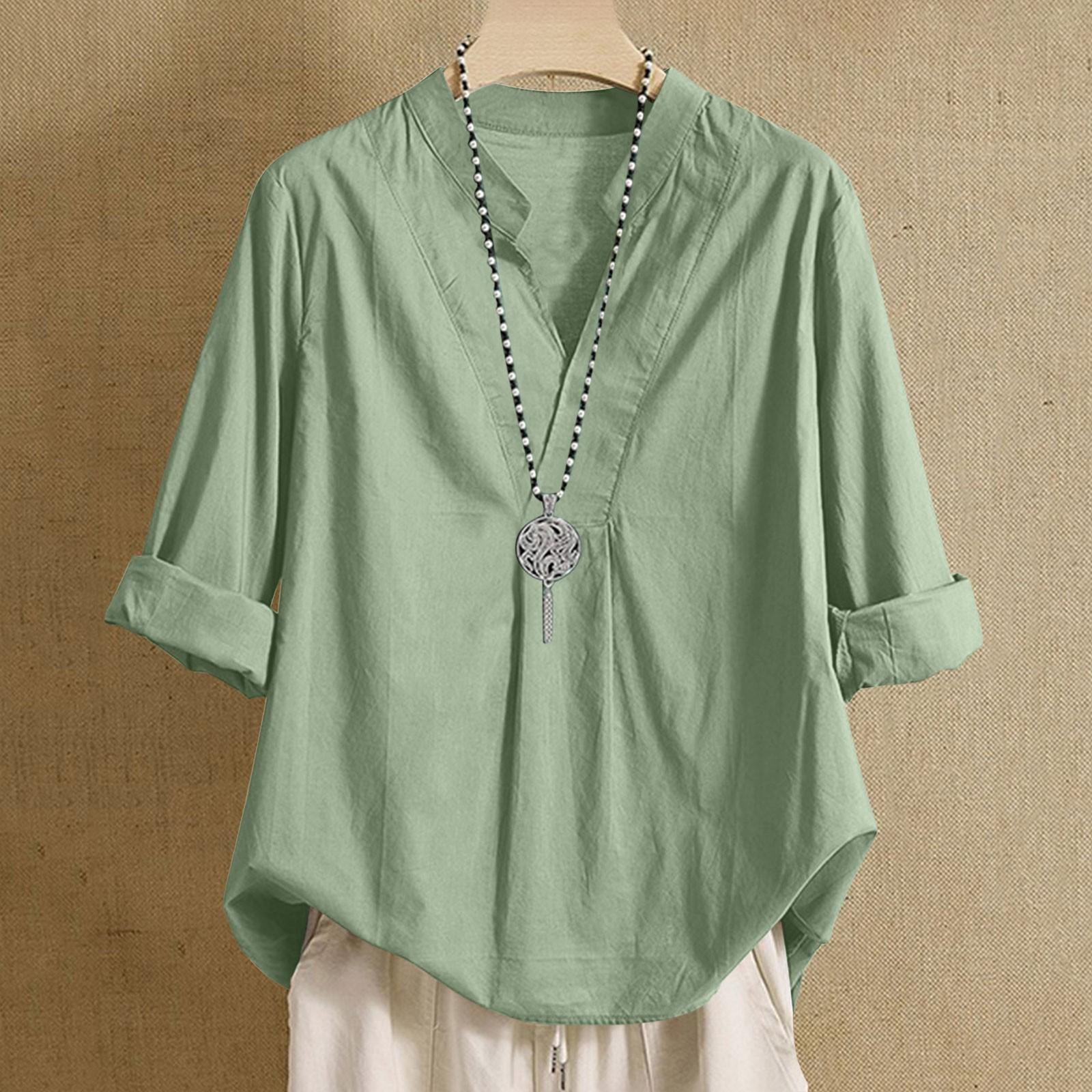 

Women s Cotton Linen Solid Colour 2/1 Sleeve Shirt V-Neck With Buttons Loose Shirt S зелений