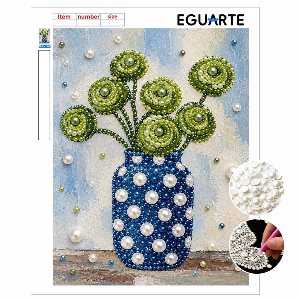 Elegant Framed Pearl Art DIY Set with Green Flower Vase 5D Sparkling Bead Canvas Painting Ready to Display Romantic Home Decor Gift