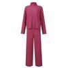 Women's Casual Solid Color High Neck Long Sleeve Set Loose Pants Two Piece Set