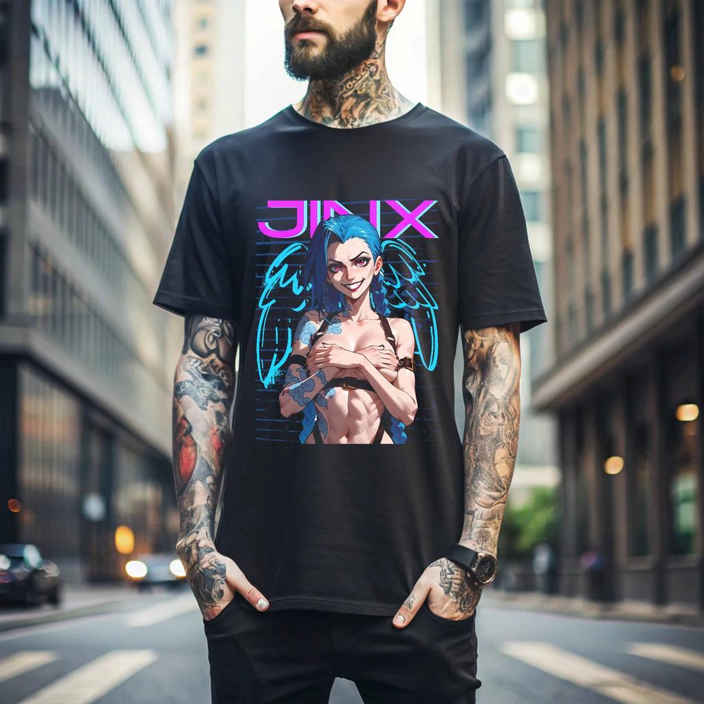 MENS WOMENS Jinx Arcane T-Shirt Japanese Anime Cartoon Jinx Arcane Graphic Shirt Waifu 102