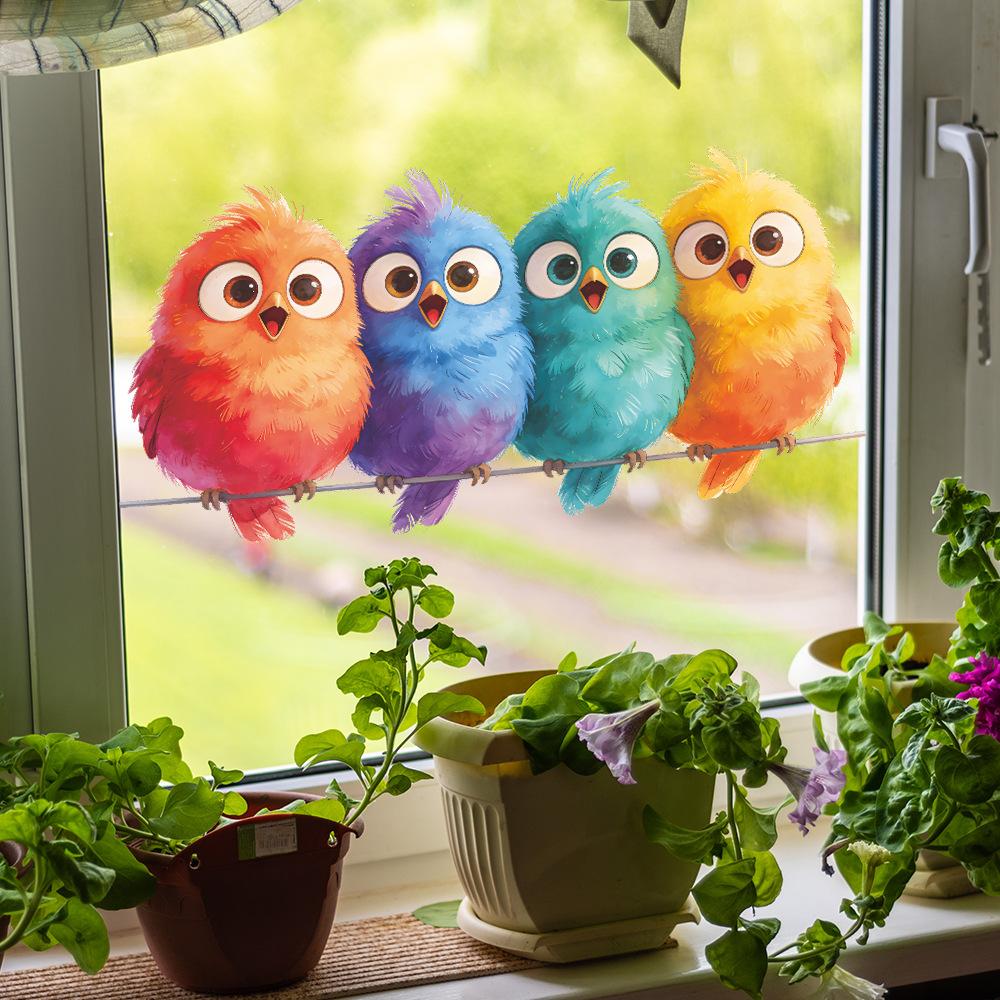 Cartoon Painted Bird Static Cling Window Sticker Outdoor Balcony Glass Removable UV Resistant Self-Adhesive Home Decor Art