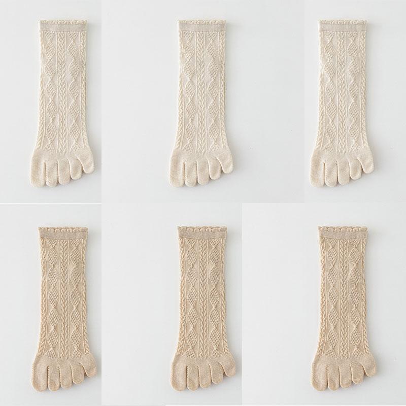6 Pairs Women Spring and Autumn Pure Cotton Five Finger Socks Retro Solid Color Lace Striped Split Toe Socks Vintage Comfortable Socks