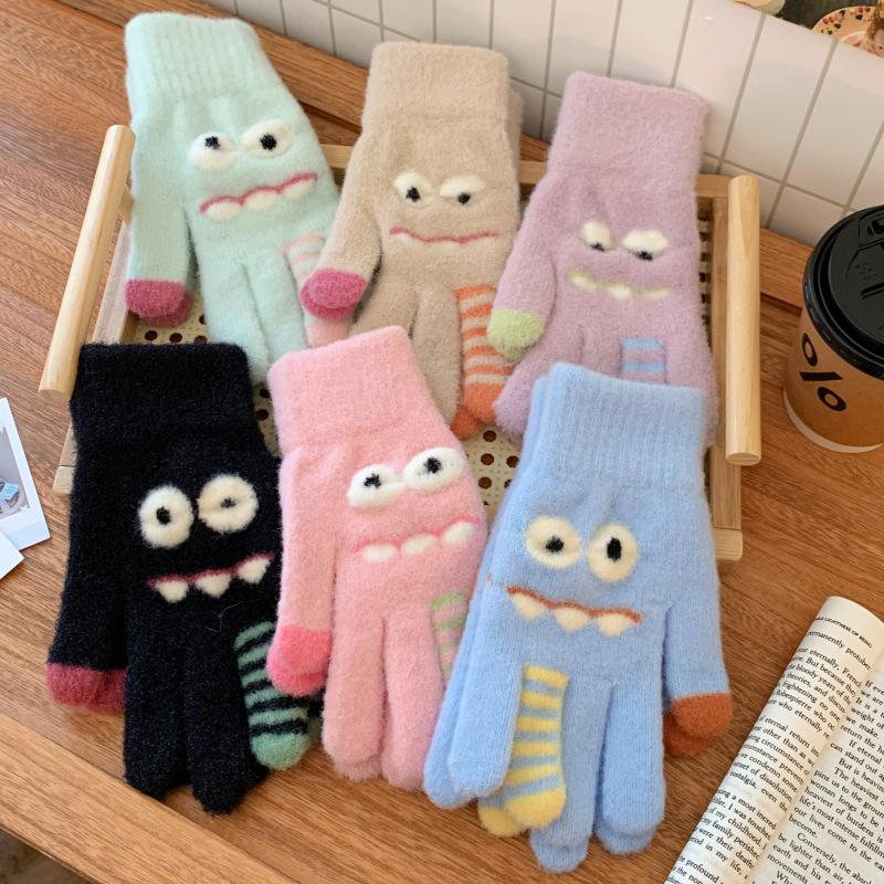 Funny Monster Finger Touch Screen Plush Knitted Gloves Cute Winter Knitted Gloves Warm Thickened Velvet Split Finger Gloves