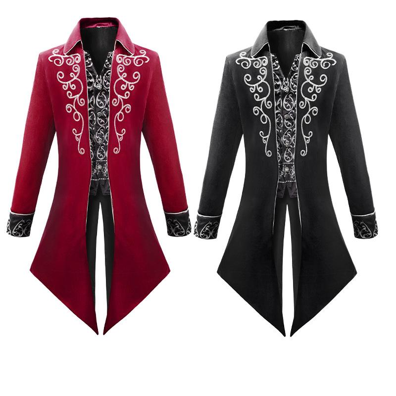 Halloween Men Gothic Victorian Jacket Vintage Velvet Medieval Frock Coat Renaissance Costume