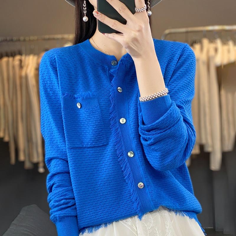 Round Neck Tassel Double Pocket Imitation Wool Knitted Cardigan for Women's Summer New Loose Versatile Jacket Top