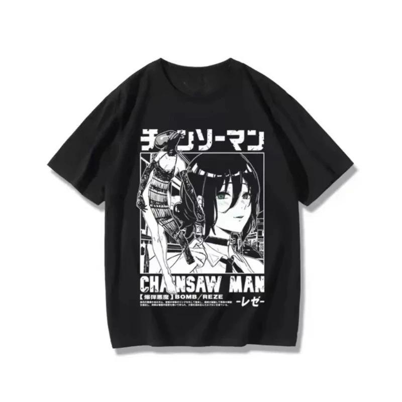 Chainsaw Man Reze & Bomb Devil Manga T-Shirt, Unisex Dark Fantasy Anime Streetwear Tee, 100% Baumwolle Lässiges Kurzarm Oberteil