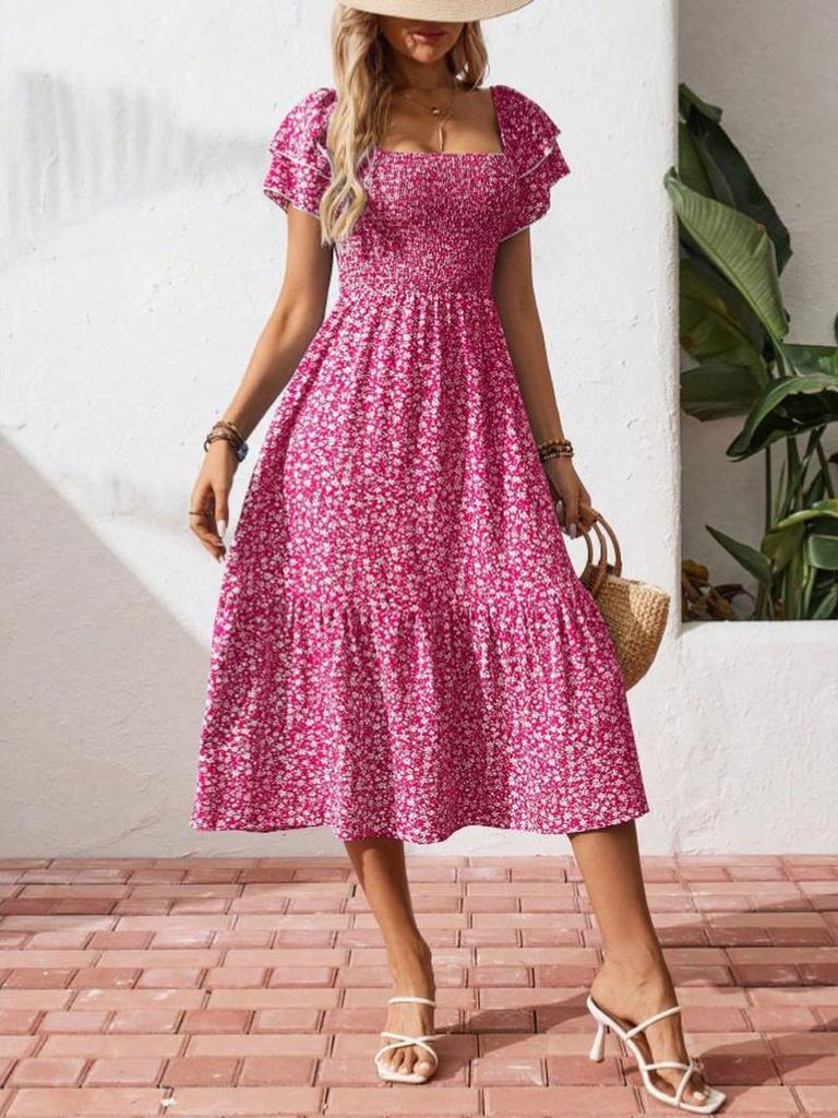 New Wish Bestseller Square Neck Bubble Sleeve Floral Ruffled Dress Long Dress