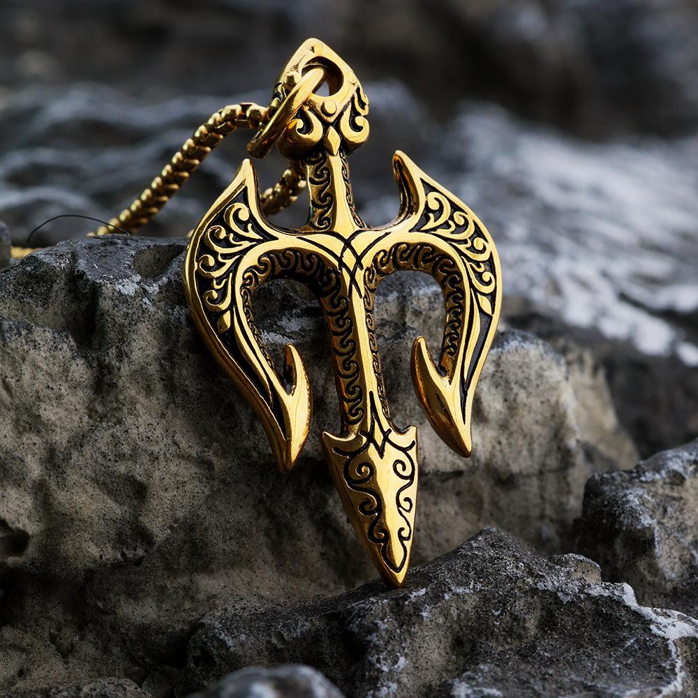 Colar Vintage de Titânio com Tridente de Poseidon Nórdico para Homens Pingente de Joia da Mitologia Viking