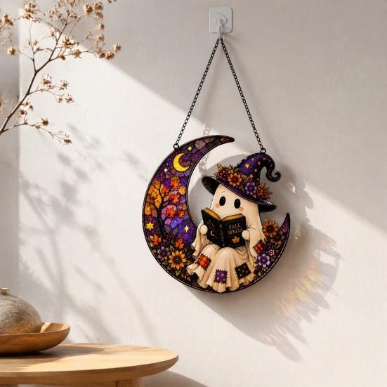Farmhouse Exterior Ornament 2D Ghost Moon Pumpkin Acrylic Suncatcher, Halloween Window Hanging Ornament, Autumn Thanksgiving Garden Yard Wall