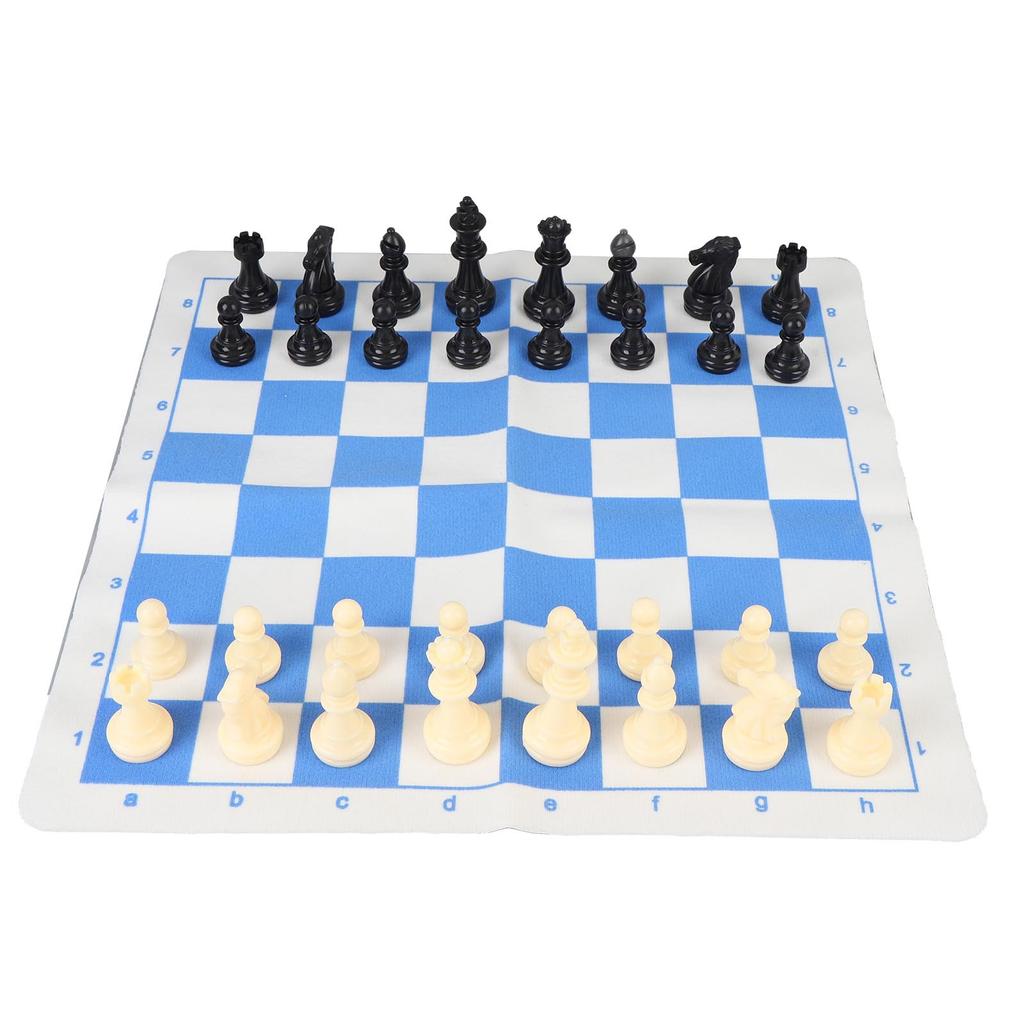 Chess Set Plastic Chess Pieces PU Blue White Chess Board Black Drawstring Pocket Chess Game Set for