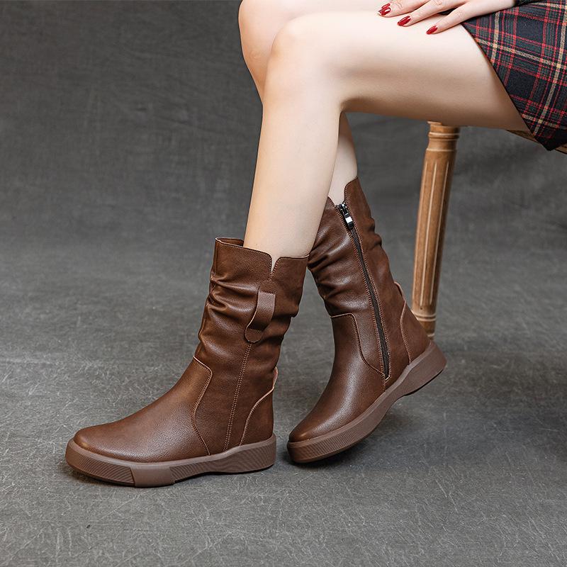 Stylish Women's Genuine Leather Mid-Calf Martin Boots - Versatile, Warm & Thick Soled for Autumn/Winter