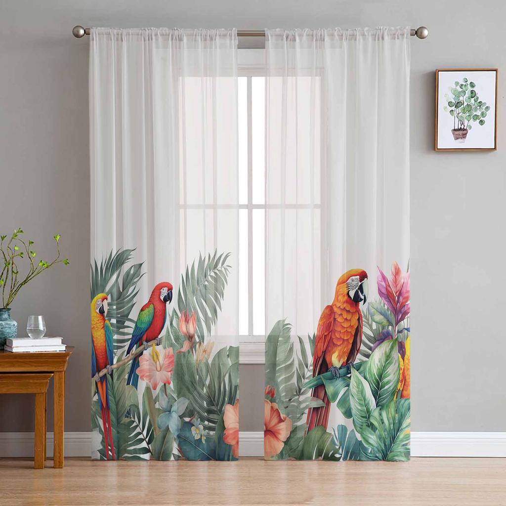 Summer Tropical Rainforest Plants Tulle Window Curtains for Bedroom Luxury Home Decor Drapes in Living Room Chiffon Panels