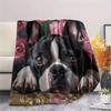 Boston Terrier and Roses Pattern Flannel Blanket, High Quality Comfortable for All Seasons, Home Decor, Warmth and Comfort, Perfect for Gifts.