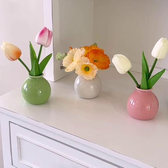 Kleine Runde Keramikvase Minimalistisch Nordisch Modern Dekorative Vase für Wohnzimmer Küche Schlafzimmer Eingangsbereich Kaminsims Tischmittelstück