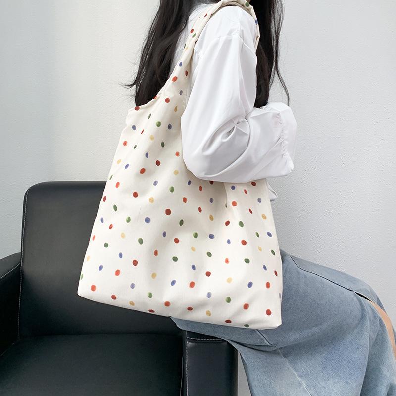 Retro Polka Dot Canvas Tote Bag - Versatile, Large Capacity Shoulder Bag for Women and College Students