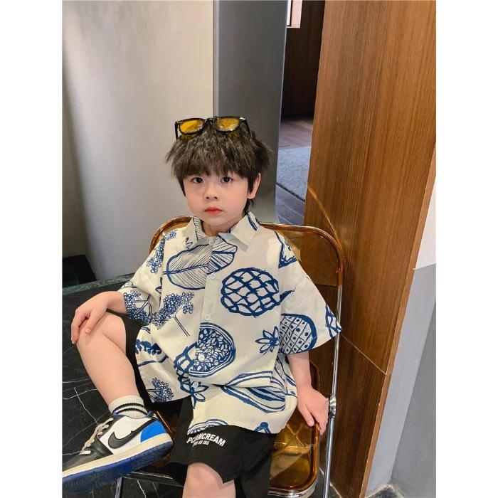 Boys Summer Thin Four Way Stretch Printed Short Sleeve Shirt Stylish Casual Top For Kids 90