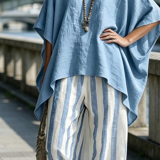 Women T-shirt Pants Two Piece Set Summer O-Neck Short Batwing Sleeves Shirt Striped Trousers Loose Casual Top Pants Suit