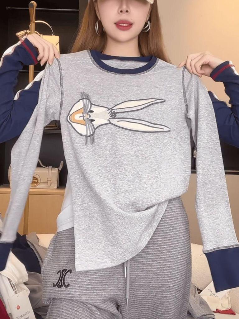 2025 Plus Size Rabbit Embroidery Long-Sleeve Slimming Fashion Top for Women