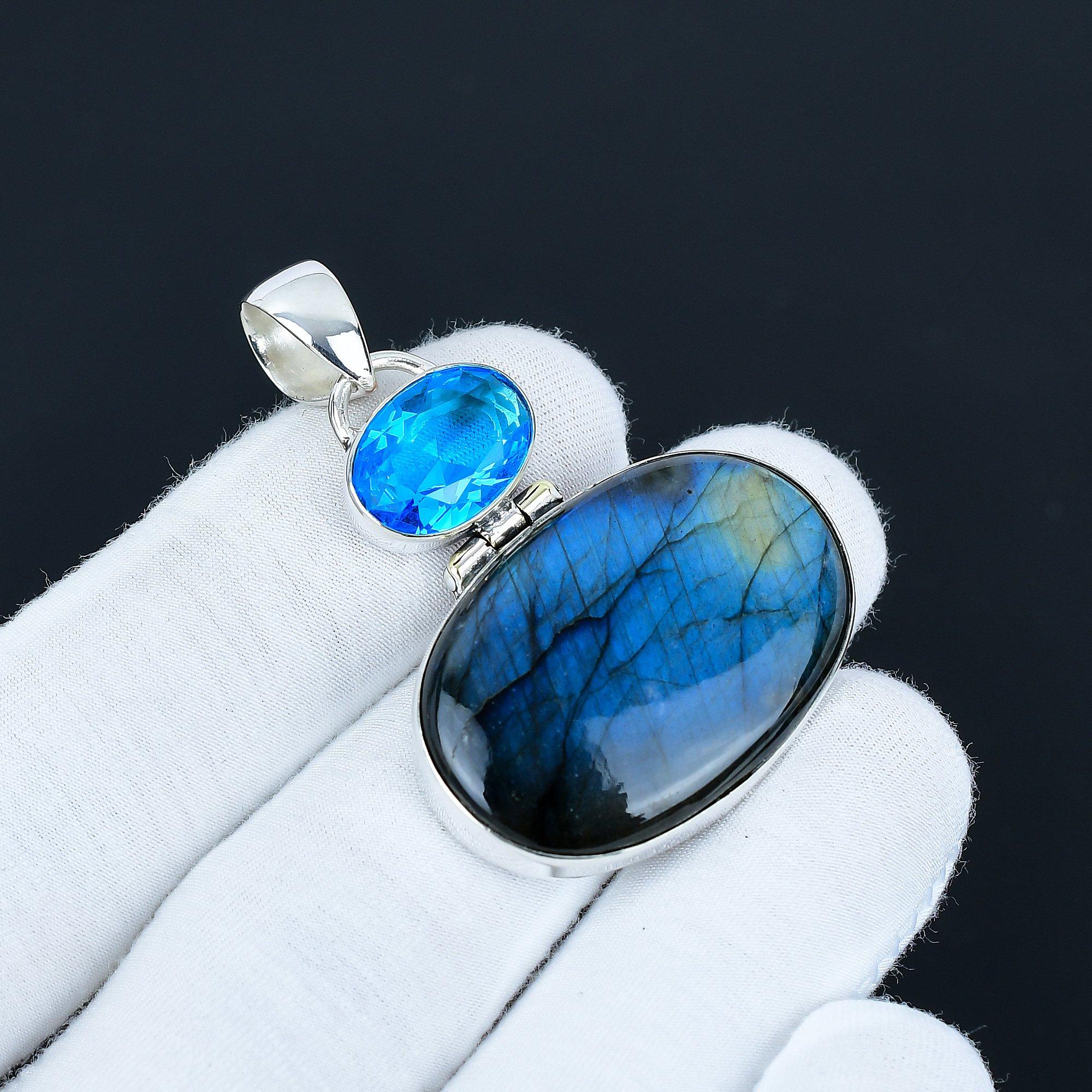 

Natural Labradorite & Blue Topaz Pendant, 925 Sterling Silver Jewelry, Natural Labradorite Stone Pendant, Handmade Boho Jewelry, Birthday Gifts 6.5 Cm синий