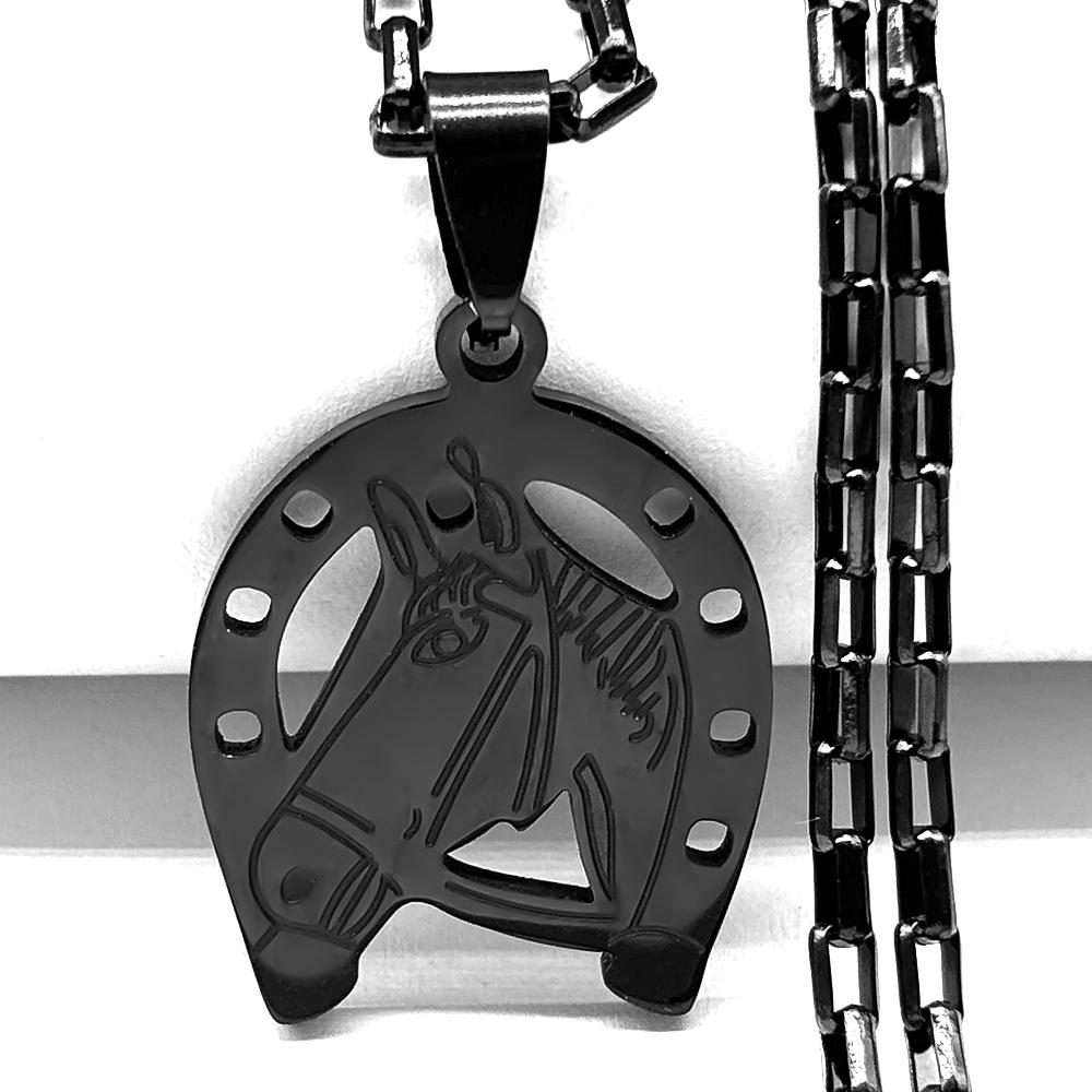 Horses Head Horseshoe Pendant Necklace for Men Women Stainless Steel Black Animal Chain Horse Accessories Lucky Jewelry Gift