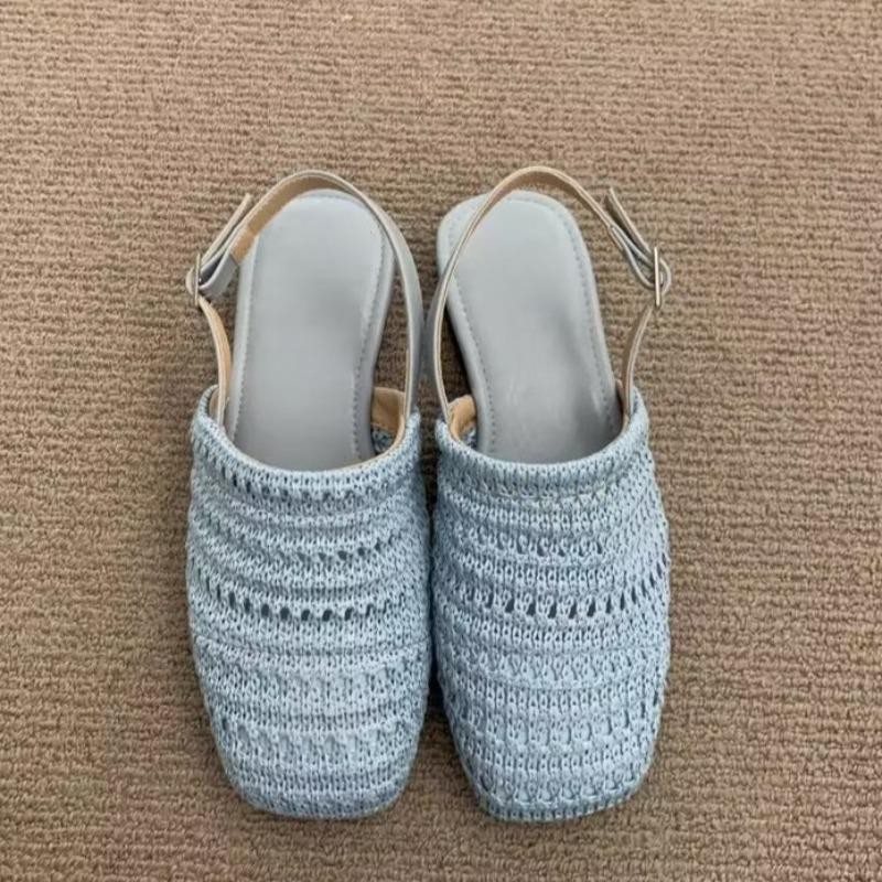 Summer New Block Heel Shallow Mouth Straw Bao Tou Back Empty Sandals Women's Shoes One Strap Low Heel Shoes