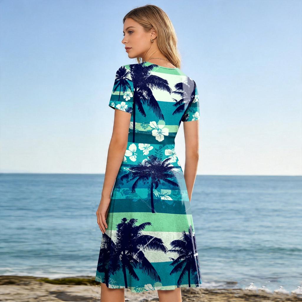 Vestido Midi de Manga Corta con Cuello en V para Mujer con Estampado de Hojas Tropicales Tejido Ligero Casual de Corte Holgado para Verano