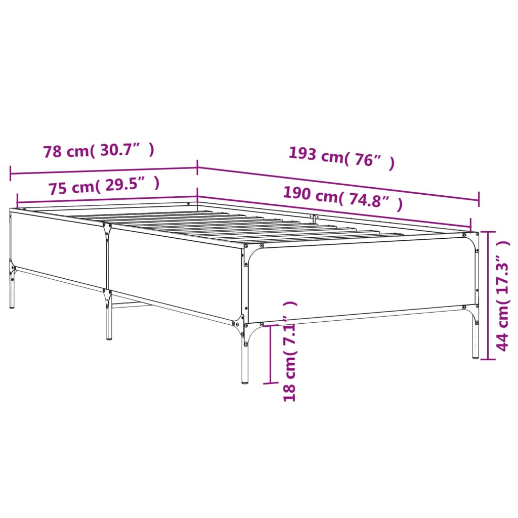 Brown Bed Frame with Oak Effect 75 X 190 Cm Wood Based Panel & Metal