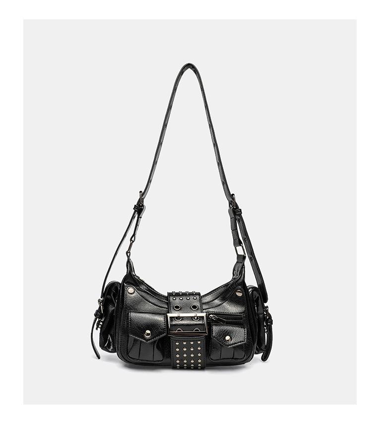 Niche Distressed Leather Single-Shoulder Bag with Personalized Rivets, Workwear Style Underarm Crossbody Bag