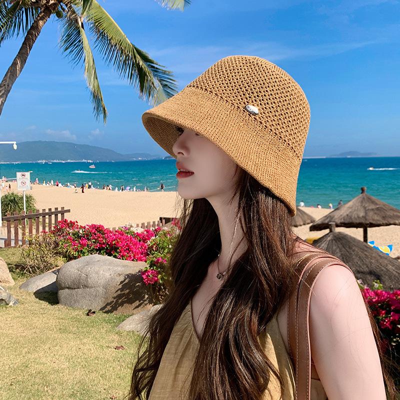 

Модная надпись маленькая этикетка ажурная вязаная шляпа женская летняя новая универсальная солнцезащитная шляпа-ведро темпераментная шляпа-ведро шляпа-тазик хаки